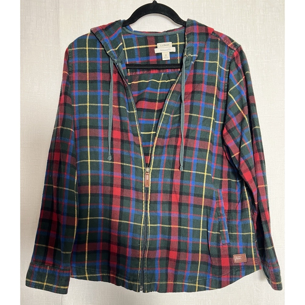 L L Bean Lightweight Hooded Jacket Green Orange Plaid Zip Up Petite M
